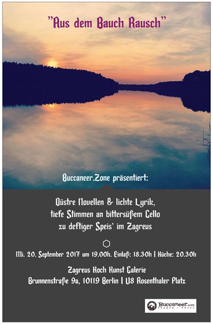 Poster zur musikalisch -kulinarischen Buchpräsentation von Daniel Khafif, Yolanda García & Dr. Matthias Müller-Lendtrodt  im "Zagreus" - Koch Kunst Galerie, Berlin zur Equinox am 22.09.2017